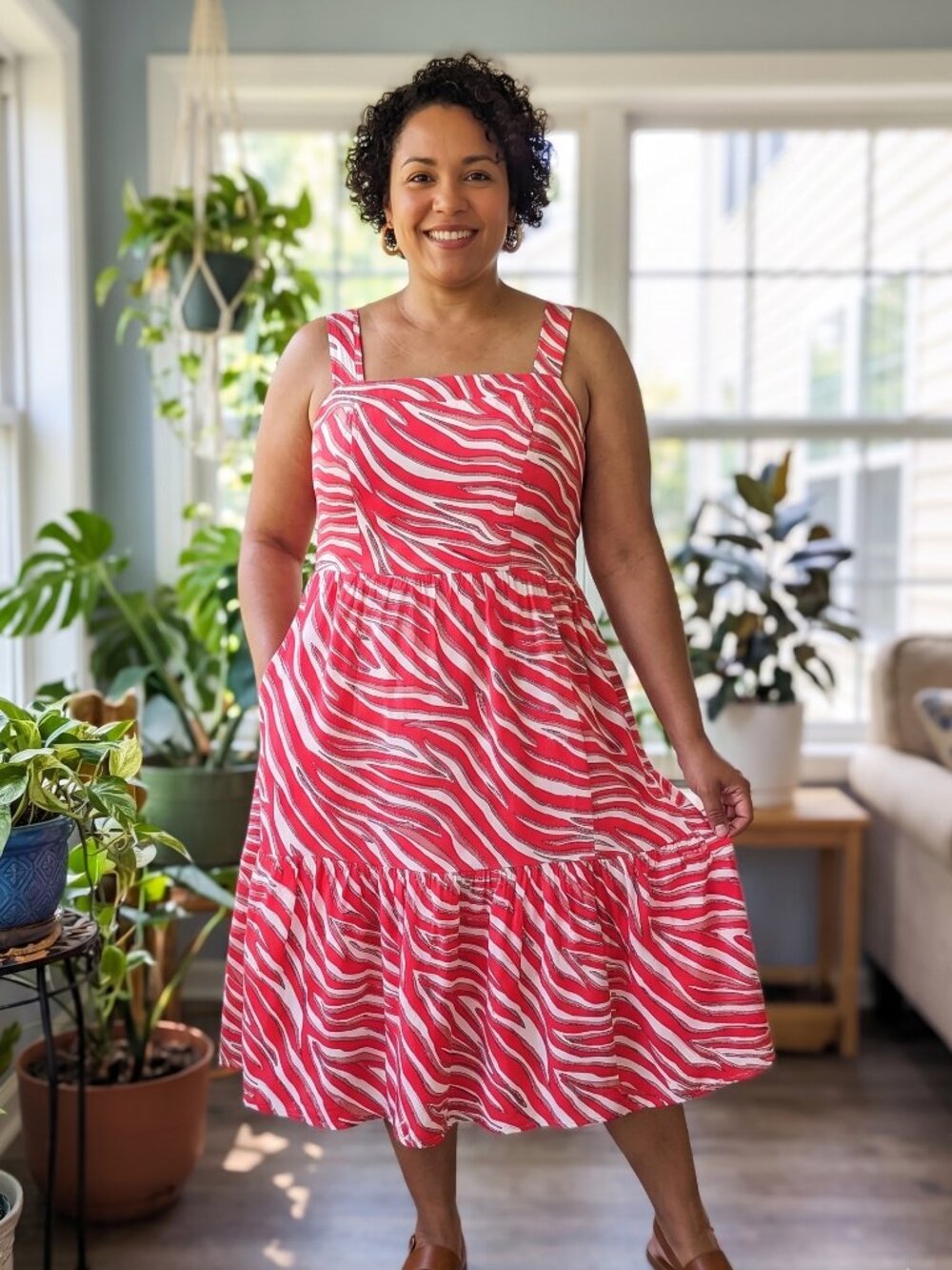MICHAEL KORS Red White A-Line Square Neck Zebra Midi Dress Size 1X NEW